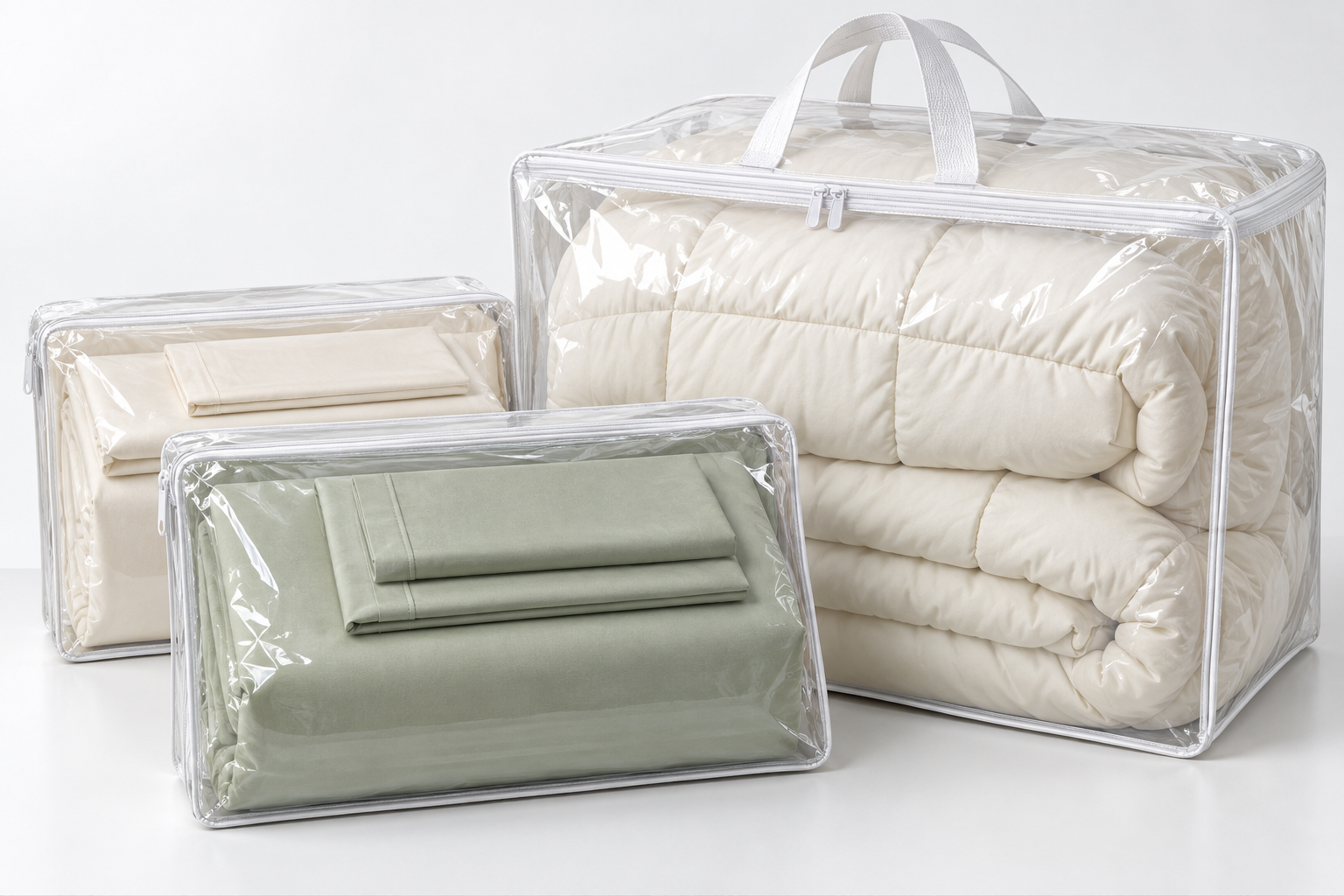 Finished bedsheet sets and an ivory comforter inside transparent zippered packaging covers